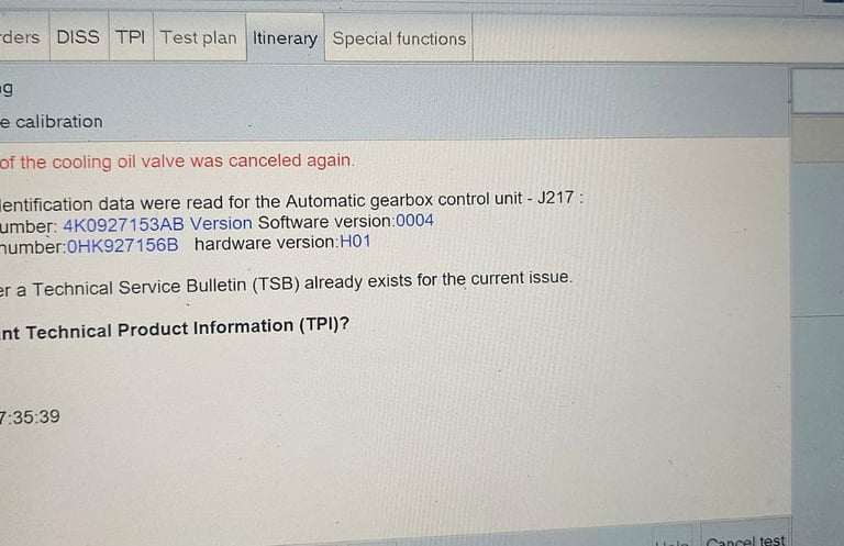 Diagnostic screen showing a canceled VW Audi cooling oil valve calibration for an automatic gearbox control unit.