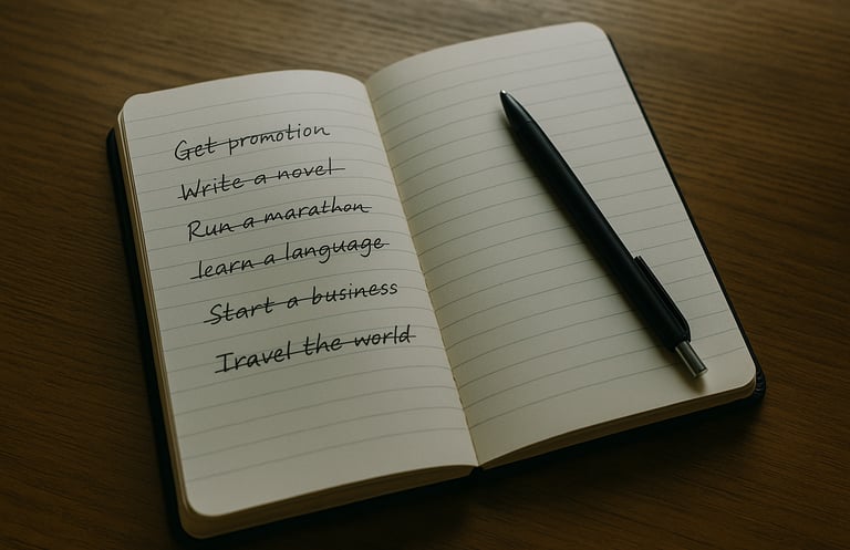 An old notebook with goals crossed out symbolising outdated ambitions.