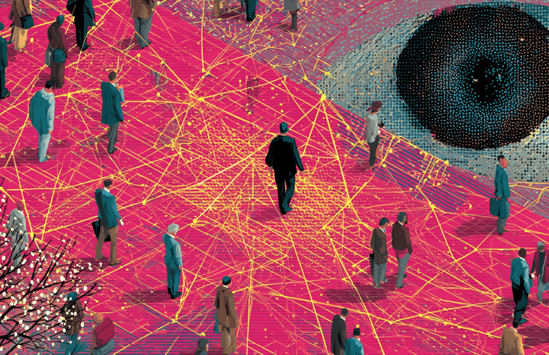 a man walking through a city with a large eyeball