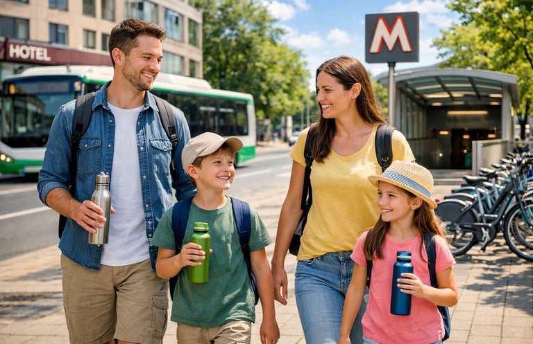 amily walking in city near metro and hotel