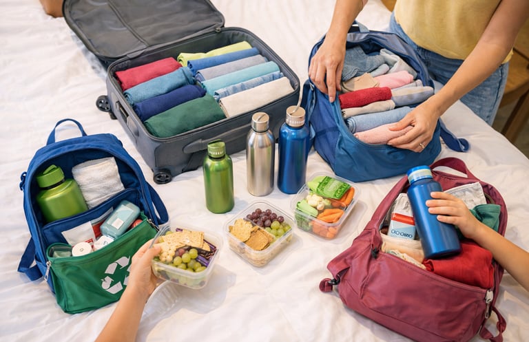 Sustainable travel packing with reusable bottles and snacks