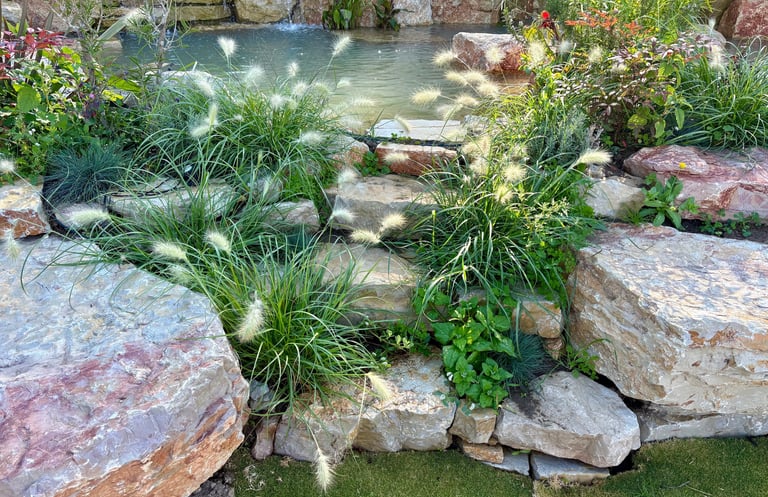Dreamlike native landscape with natural stone steps & waterfalls – Regenerative Design | Aqua Vitae