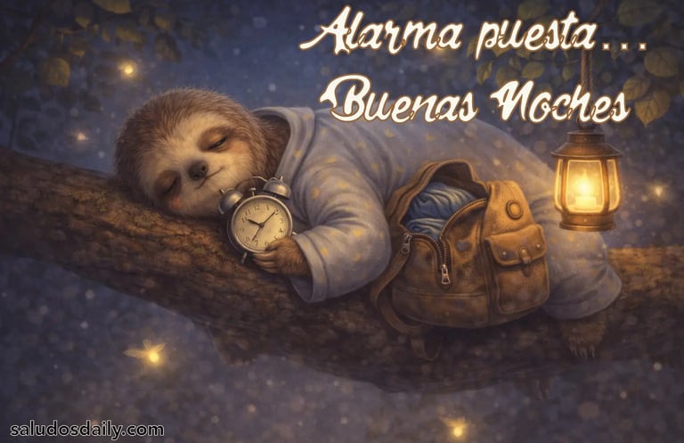 perezoso recostado en una cama mientras programa su alarma, con luz nocturna suave