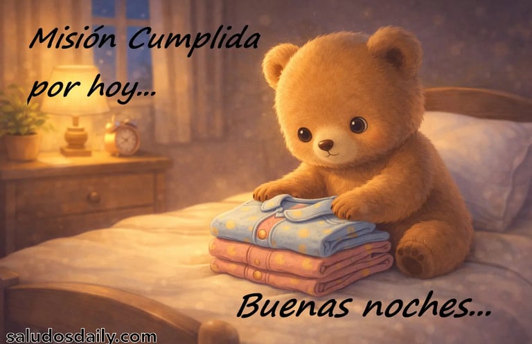 oso tierno doblando cuidadosamente su pijama sobre una cama, en una habitación acogedora