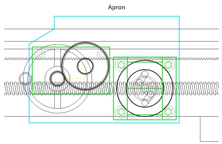 Drawing the the apron showing handwheel and half-nut mechanism