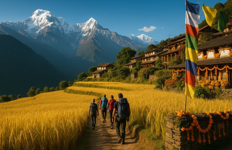 Trekkers passing through golden Himalayan fields during Tihar festival in autumn.