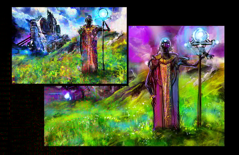 Digital painting of a futuristic robot priest holding a glowing staff in a lush green meadow.