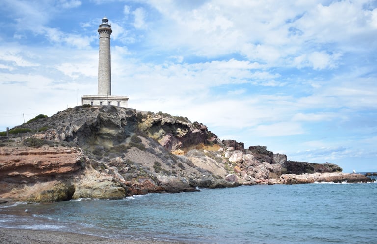 View of the Cabo de Palos lighthouse from Calafría beach.
