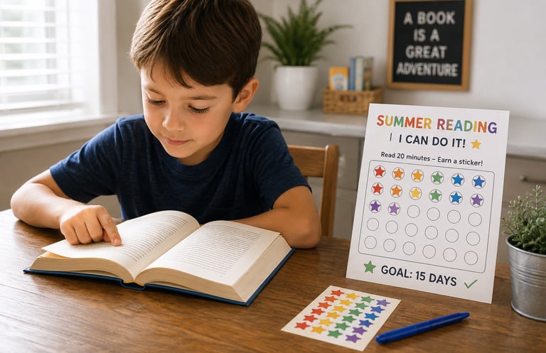 Child reading a book while tracking progress on a summer reading reward chart.