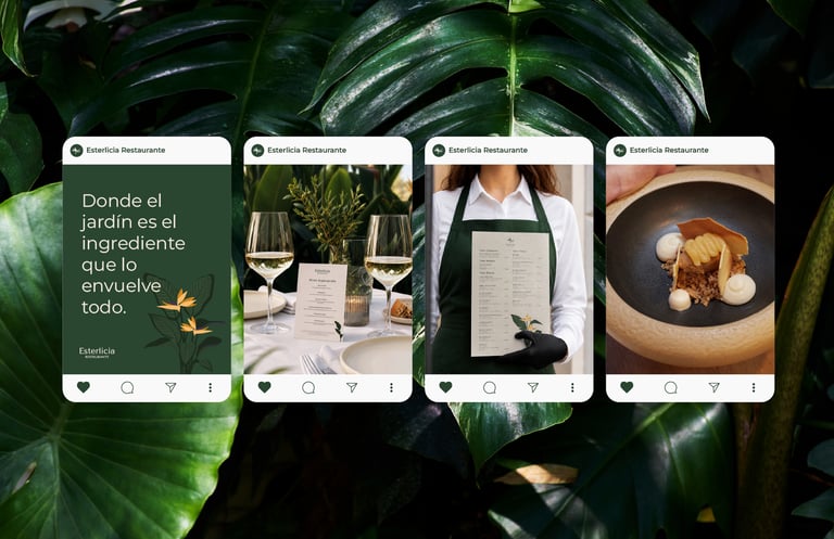 Diseno de cuatro publicaciones para redes sociales sobre fondo de naturaleza