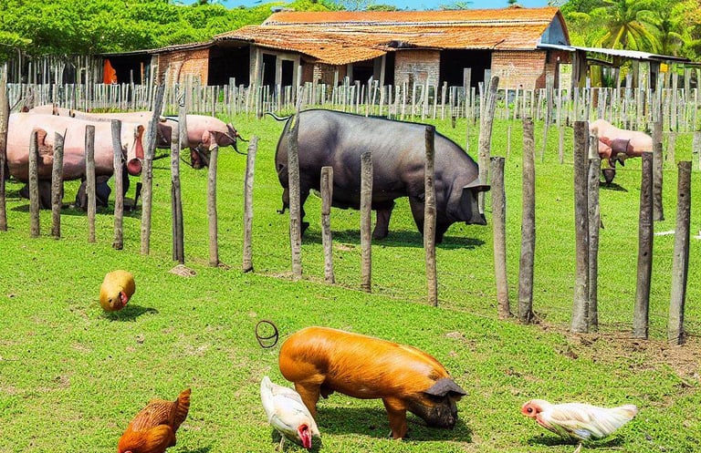 a herd of pigs and chickens in a fenced in area