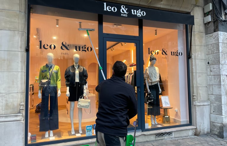 Un homme nettoyant une vitrine Léo et Ugo boutique de vétements à Rouen m&m services