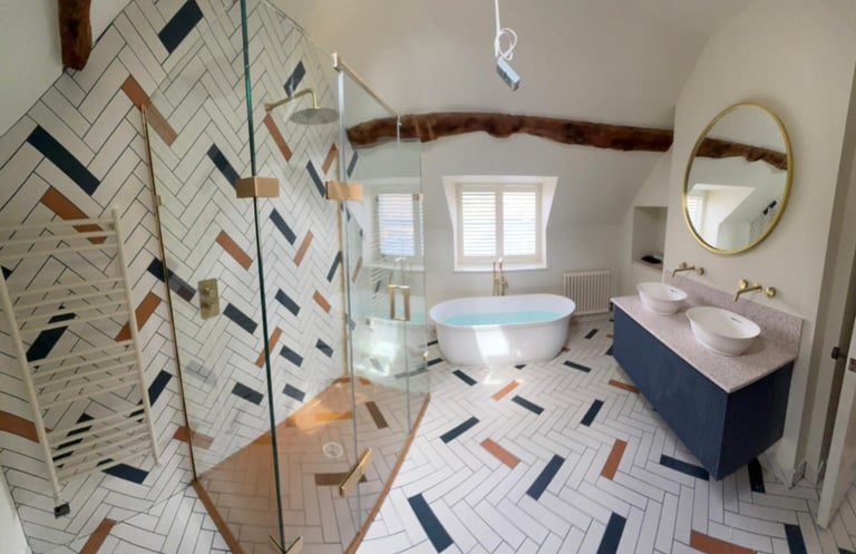 Contemporary bathroom with walk-in shower and stylish tiling installed in Evesham