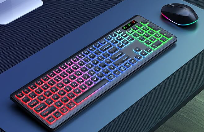 Wireless Keyboard and Mouse Backlit, Quiet Light Up Keys, Tilt Legs, Sleep Mode - Rechargeable USB Cordless Combo for Compute