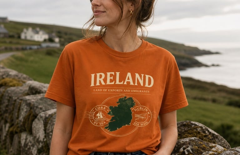 A woman wearing a burnt orange Ireland graphic t-shirt standing by a stone wall overlooking the Irish coast.