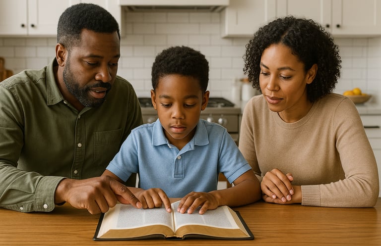 a father, mother and son sitting at a table reading a bible 