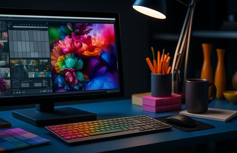 A modern designer’s workspace featuring a high-resolution monitor