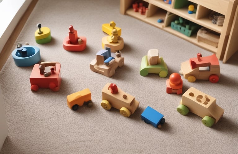 Happy child playing with educational wooden blocks in a cozy room