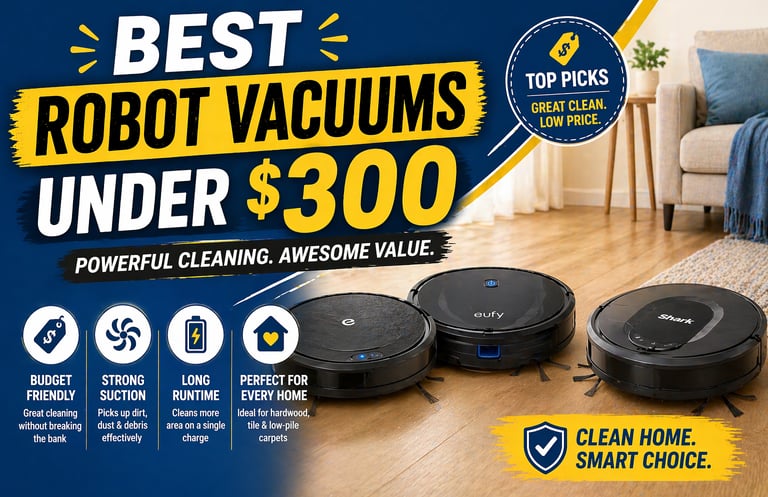Comparison of the best robot vacuums under $300 featuring Eufy and Shark models on a hardwood floor.