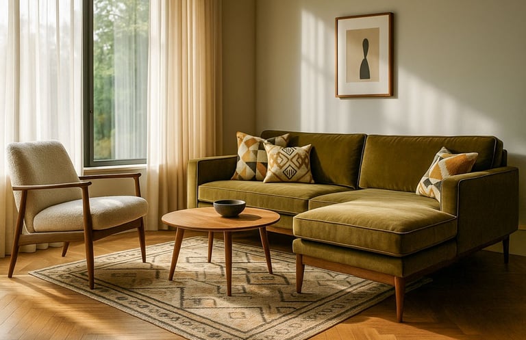 Sunlit Mid-Century living room with mustard sofa chaise, walnut furniture, geometric pillows, abstract art, and large windows