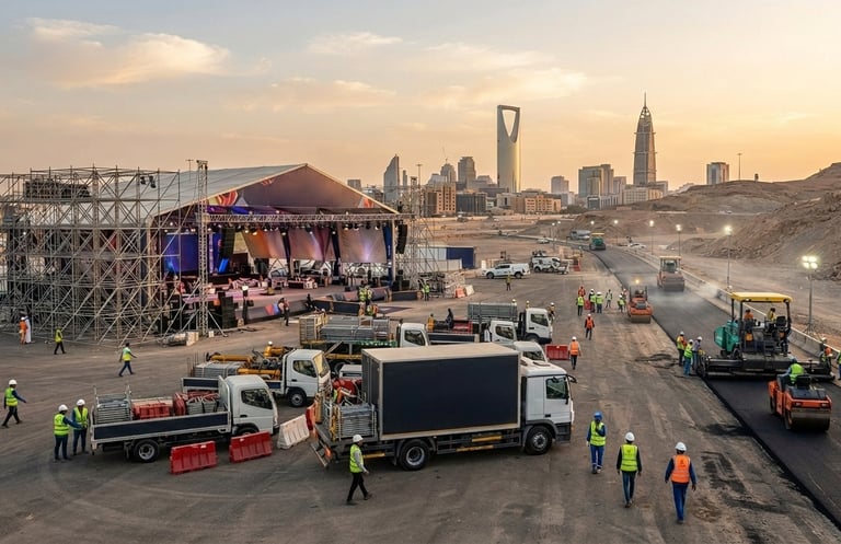Event site support asphalt machinery rental scaffolding تأجير الفعاليات معدات أسفلت سقالات نقليات 