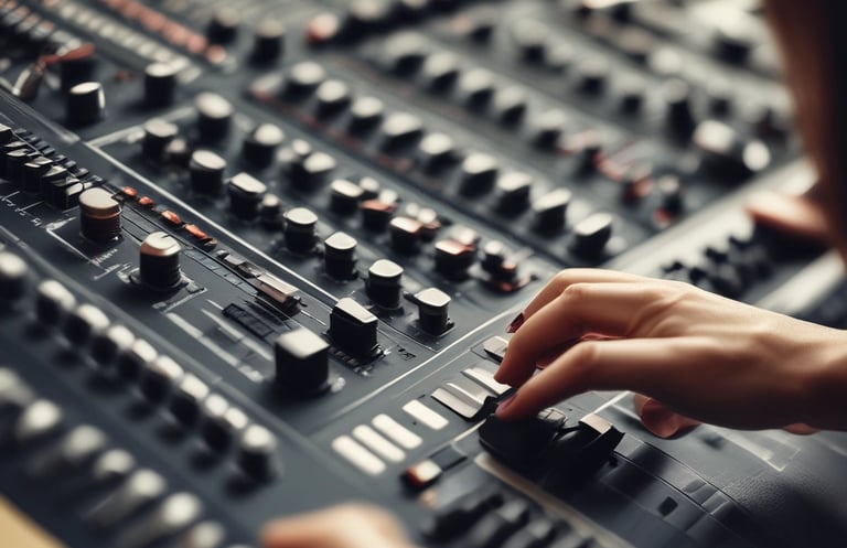 Czarno-szara konsoleta miksera dźwięku i dłoń, która przyciska jeden z guzików.