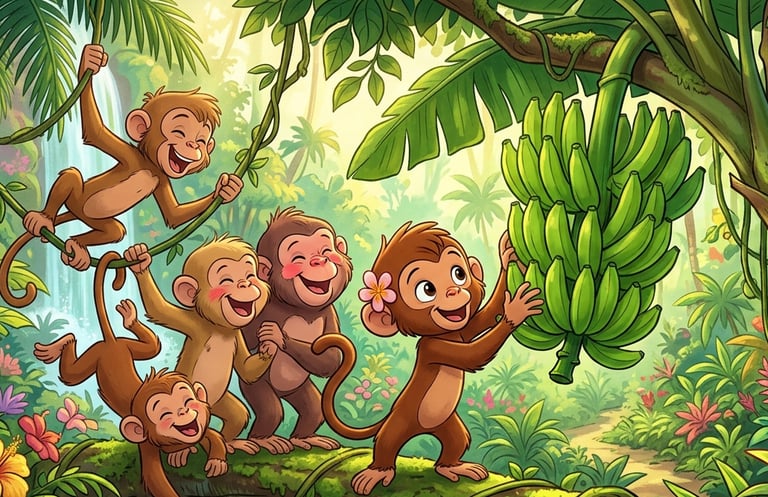 Playful cartoon monkeys gathering a bunch of green bananas in a lush tropical jungle.