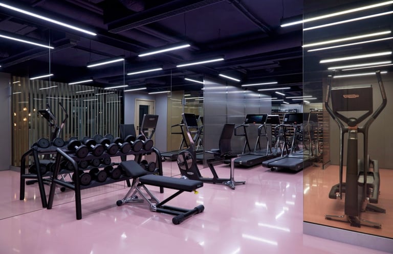 Bright fitness center with pink mat flooring, mirror walls, LED lighting, treadmills, dumbbell rack.