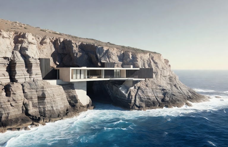An image of a 3D modern home model built into the cliff on the edge of the ocean..