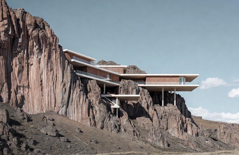 An image of a 3D modern home model built into the cliff in a desert.