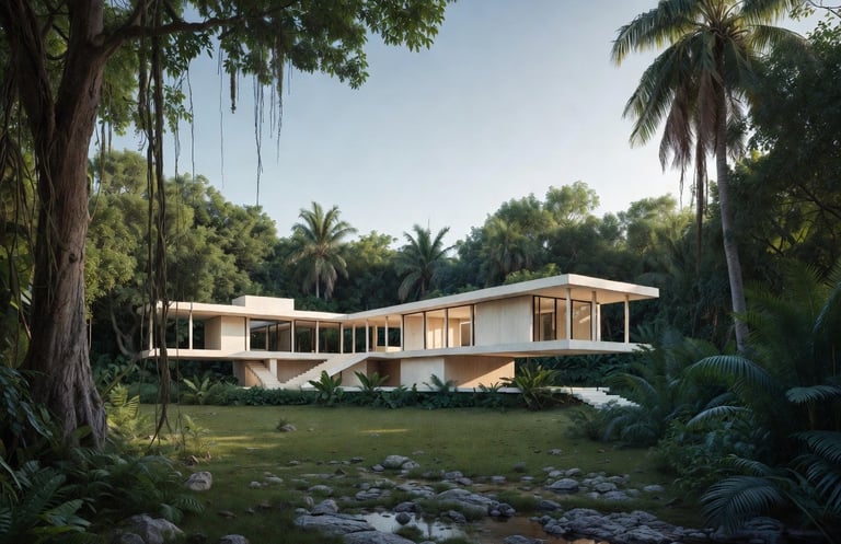 An image of a 3D modern home model built in a jungle among a large banyan tree.
