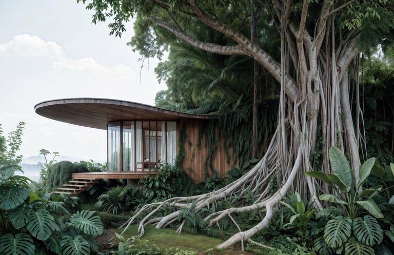 An image of a 3D modern home model built in a jungle among a large banyan tree.