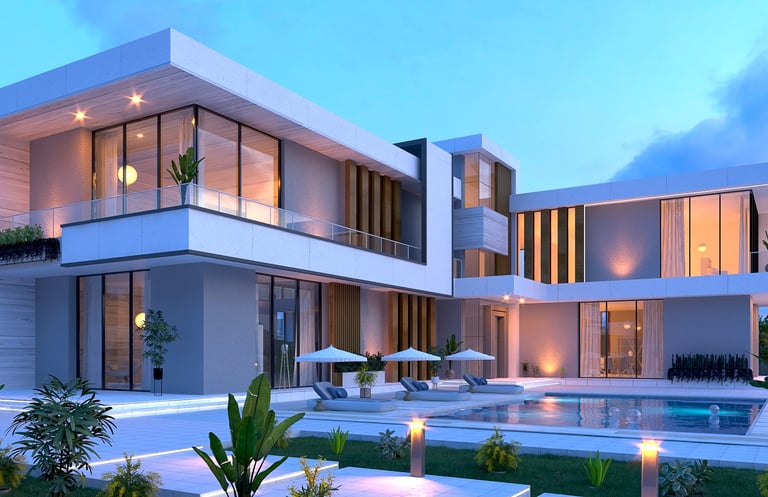 Two-story modern home viewed from the pool area, highlighting evening lighting.