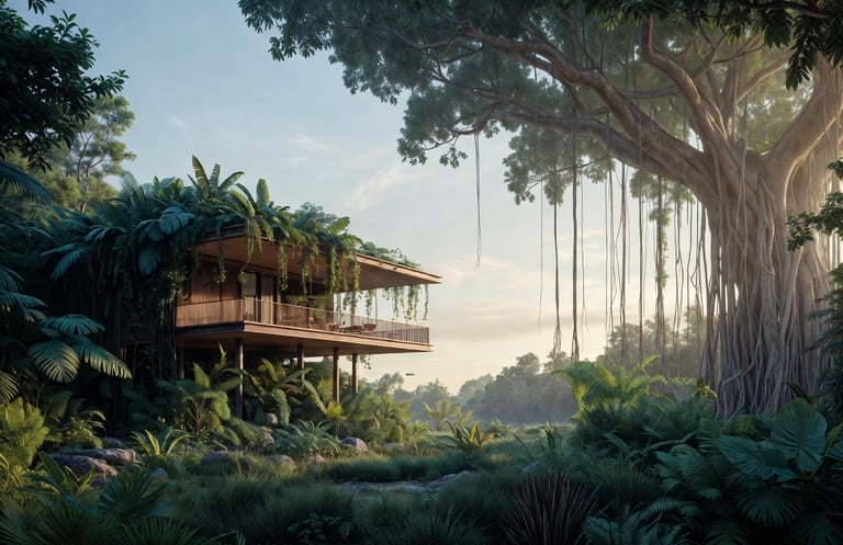 An image of a 3D modern home model built in a jungle among a large banyan tree.