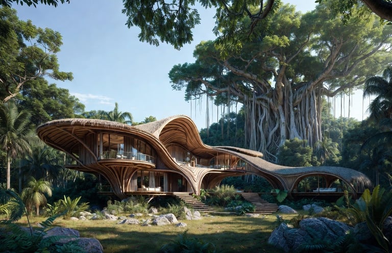An image of a 3D bamboo home model built in a jungle among a large banyan tree.