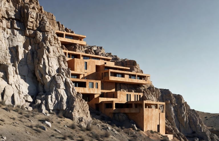 An image of a 3D modern home model built into the cliff in a desert.