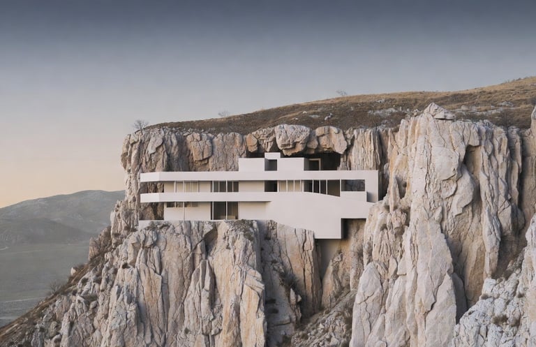 An image of a 3D modern home model built into the cliff in a desert.