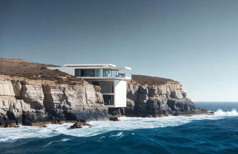 An image of a 3D modern home model built into the cliff on the edge of the ocean..