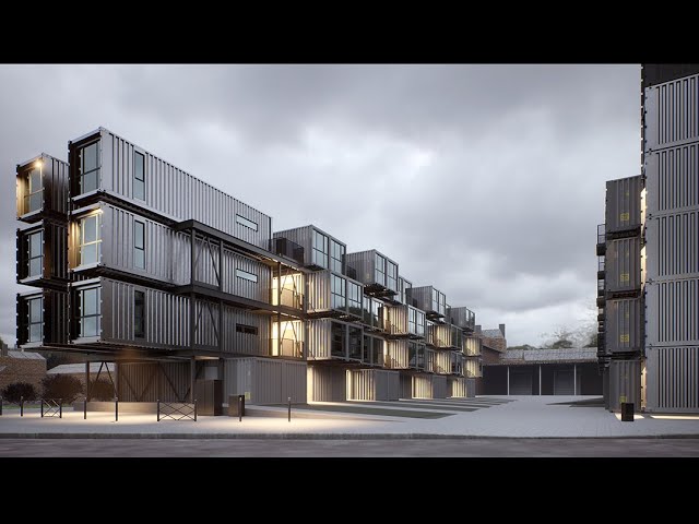 Three-level mocha-colored shipping container apartments on stilts, offering modern modular design.