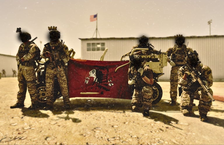 corpo d'elite americano in Arma 3 in posa con la bandiera della fazione