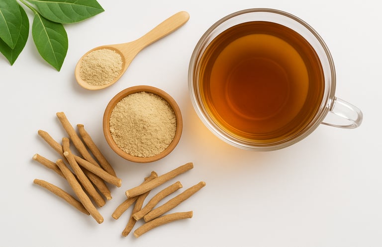 Dried ashwagandha roots, ground powder, and a cup of brewed ashwagandha tea.