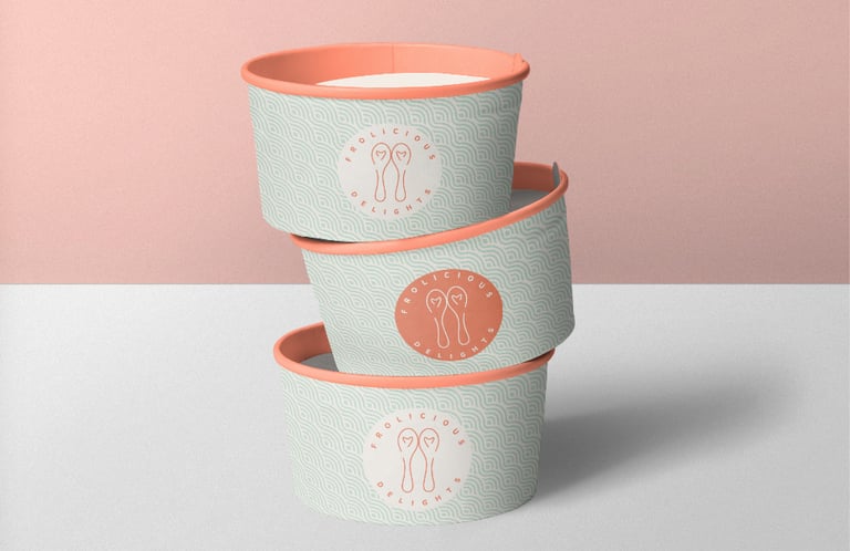 Frolicious Delights branded ice cream cup packaging design — pastel brand identity