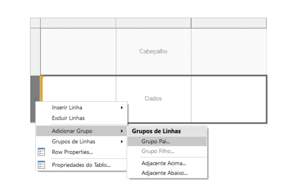 Screenshot of a Tablix data table context menu in Portuguese showing how to add a parent row group.