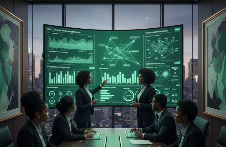 Business professionals analyze data on a large digital screen in a high-tech corporate boardroom.