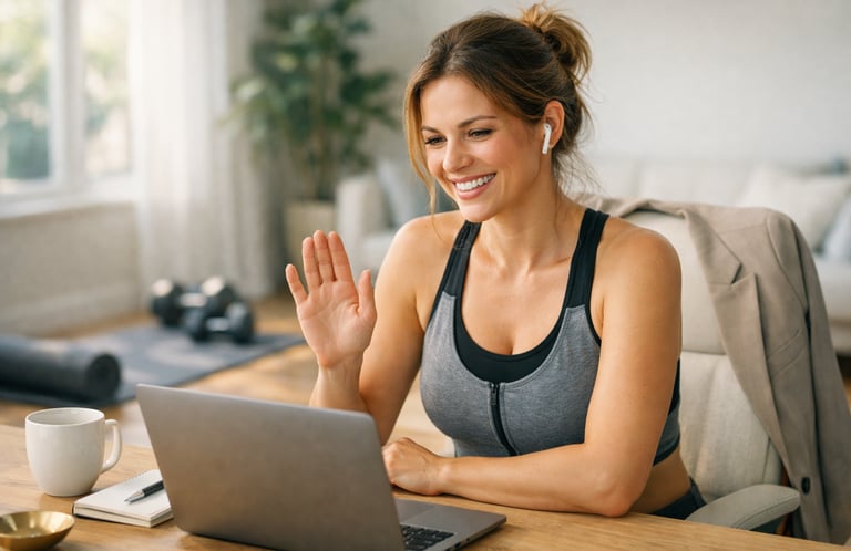 Busy professional woman in a home office engaging in an online personal training session to balance