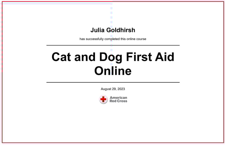 a certificate from the American Red Cross for Cat and Dog First Aid awarded to Julia Goldhirsh