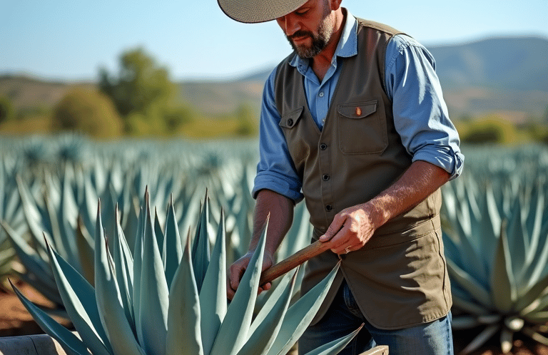 a man in an agave field with a hat cutting the agave uno tequila