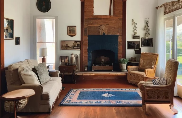 a living room with a fireplace and a couch
