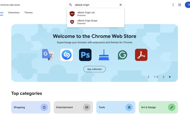 Chrome Web Store homepage showing the uBlock Origin extension in the search bar results.