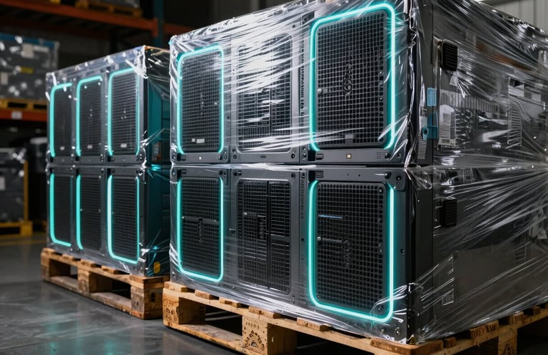 Close-up macro shot of palletized enterprise server hardware wrapped in protective film, illuminated by sharp cyan rim lights in a dark warehouse corridor.